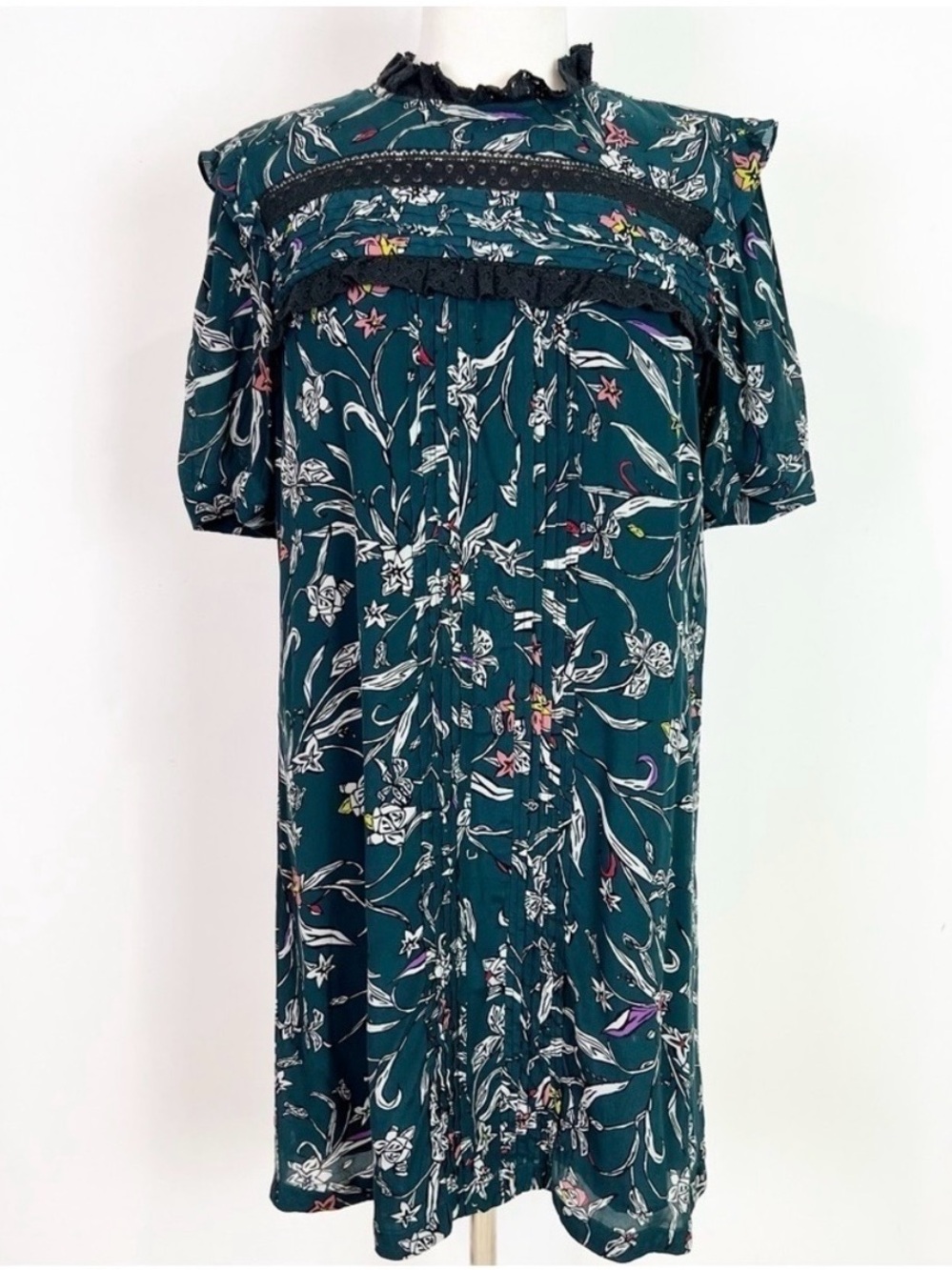 Teal Floral Mini Dress with Lace Yoke